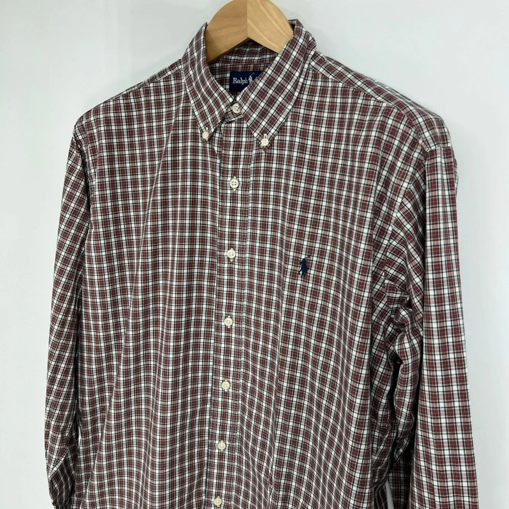 Ralph Lauren Yarmouth Mens 15.5 32/33 Tartan Plaid Button‎ Down Shirt Red Cotton